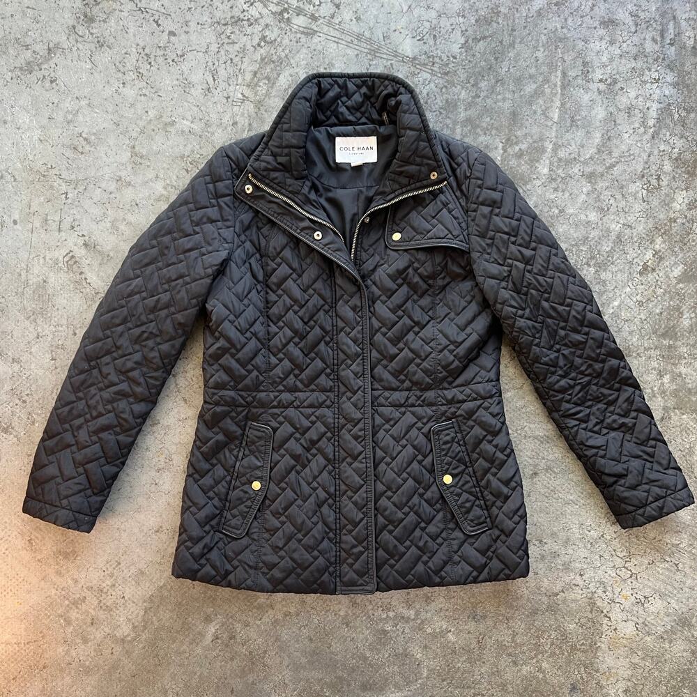 Cole Haan Signature Quilted Leather Trim Barn Jacket Black Medium